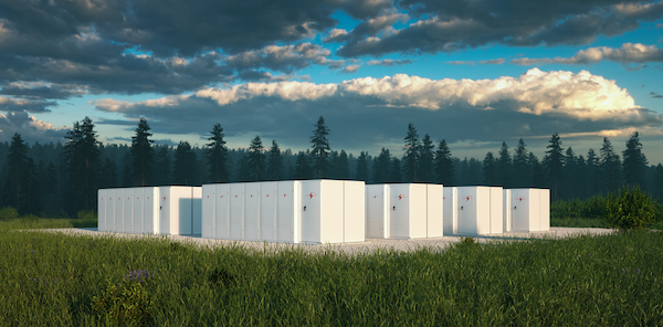 Battery storage systems with forest background.