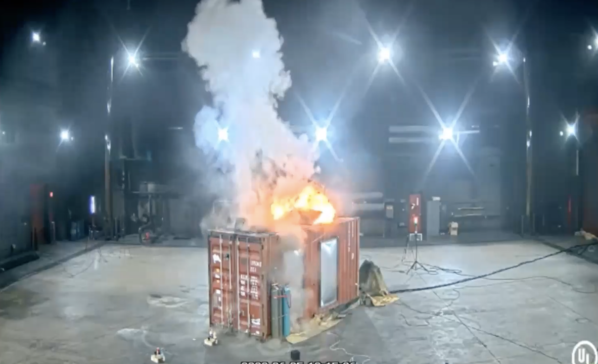 Still image of UL Fire Safety Research Institute's lithium battery fire testing